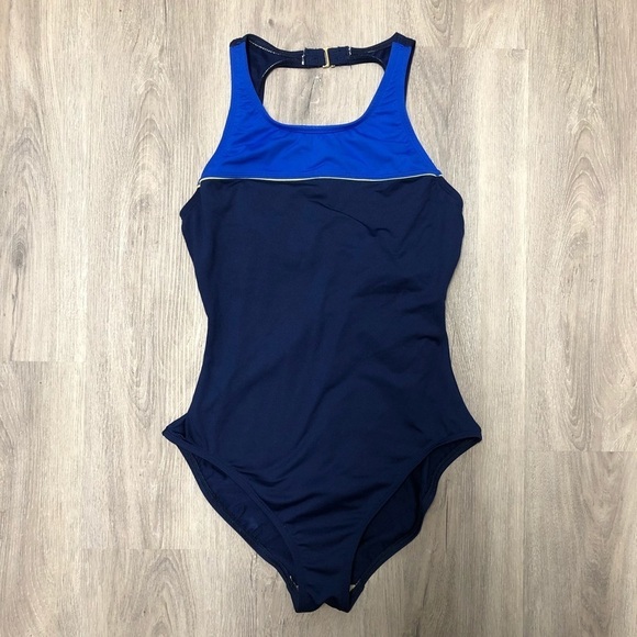 Vintage One Piece Size 12 Blue Bathing Suit Swimsuit Colorblock 90s Y2K - Picture 1 of 3